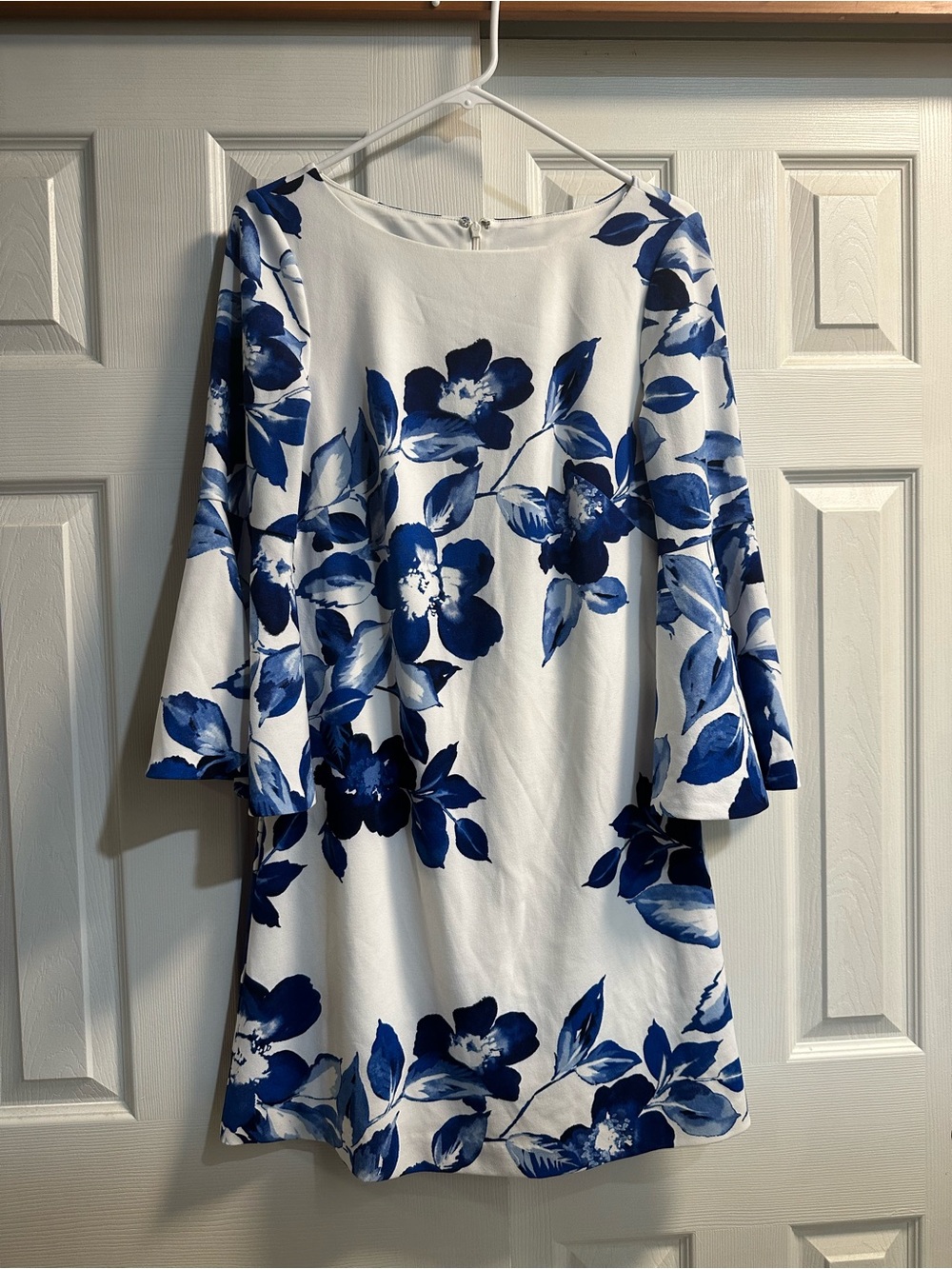 Eliza J White Mini Dress with Blue Floral Print and Bell Sleeves
